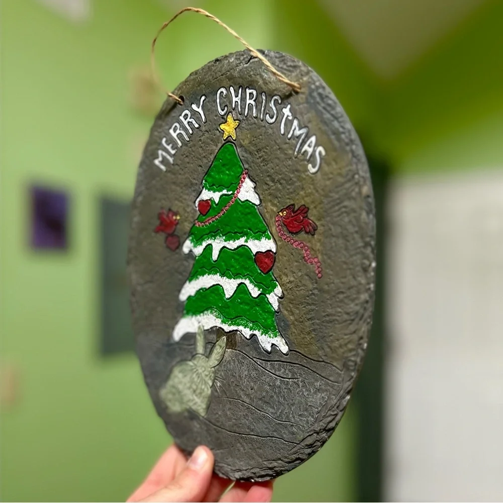 Charming Bunny Festive Christmas Holiday Stone Plaque Wall Hanging Art